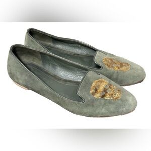 ALEXANDER McQUEEN Sequin Skull Flat Shoes Green Suede Size 36 /6 Made In Italy